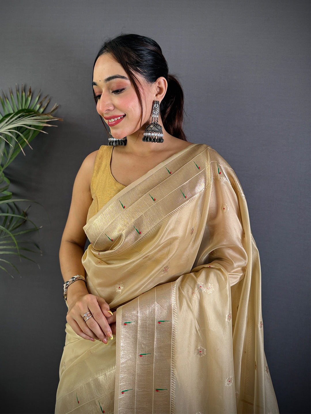 Cream Minakari Weave Soft Organza Paithani Saree