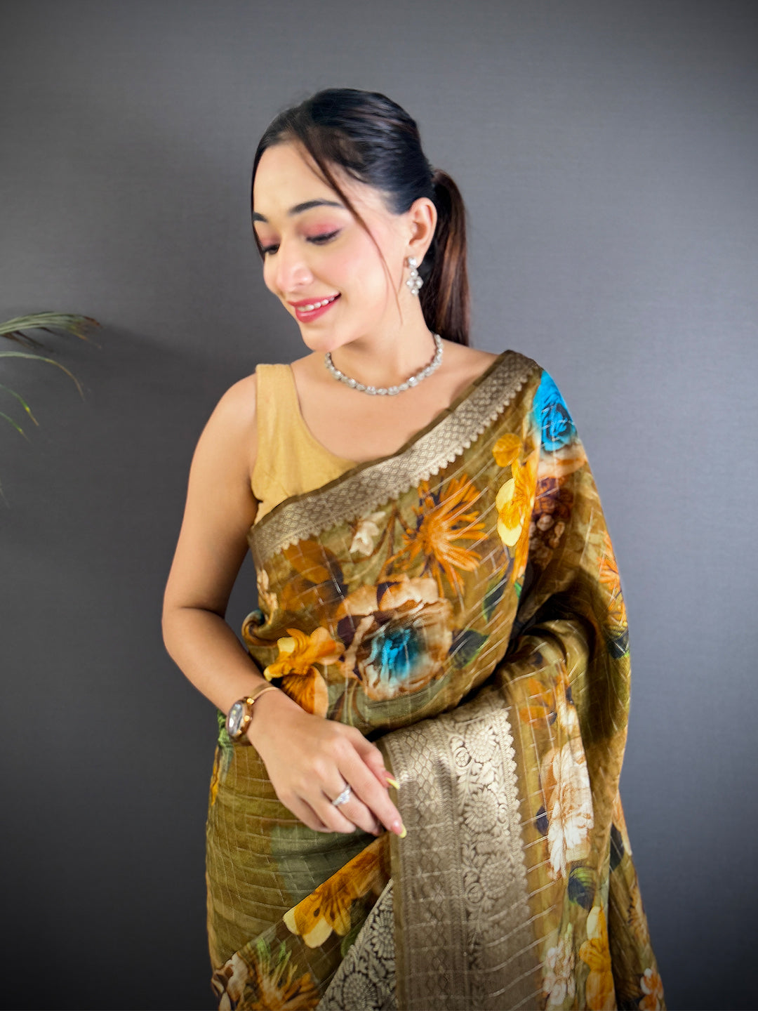 Graceful Olive Pure Viscose Floral Saree