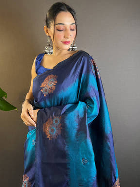Dark Blue Tussar Silk Ikkat Weaving Saree draped elegantly