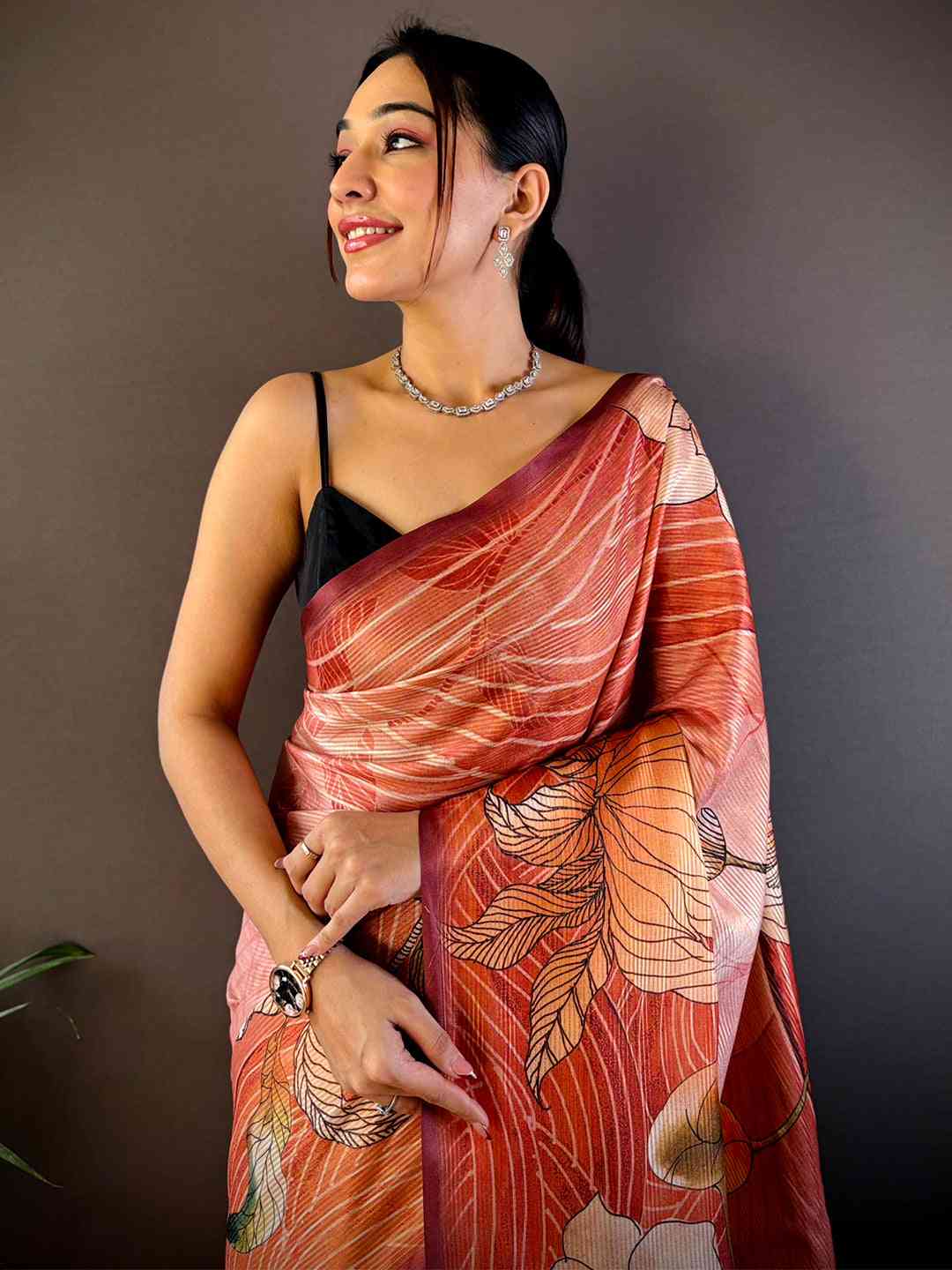 Flame Red Semi Zari Tussar Botanical Saree