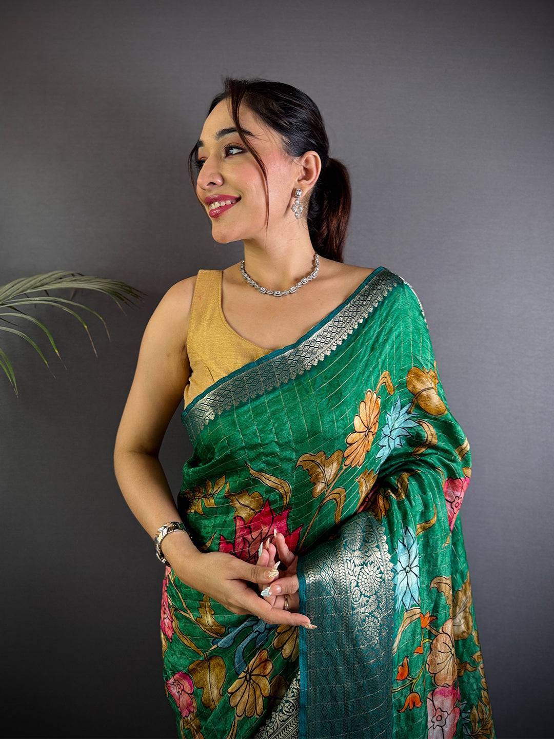 Deep Green Floral Printed Viscose Saree