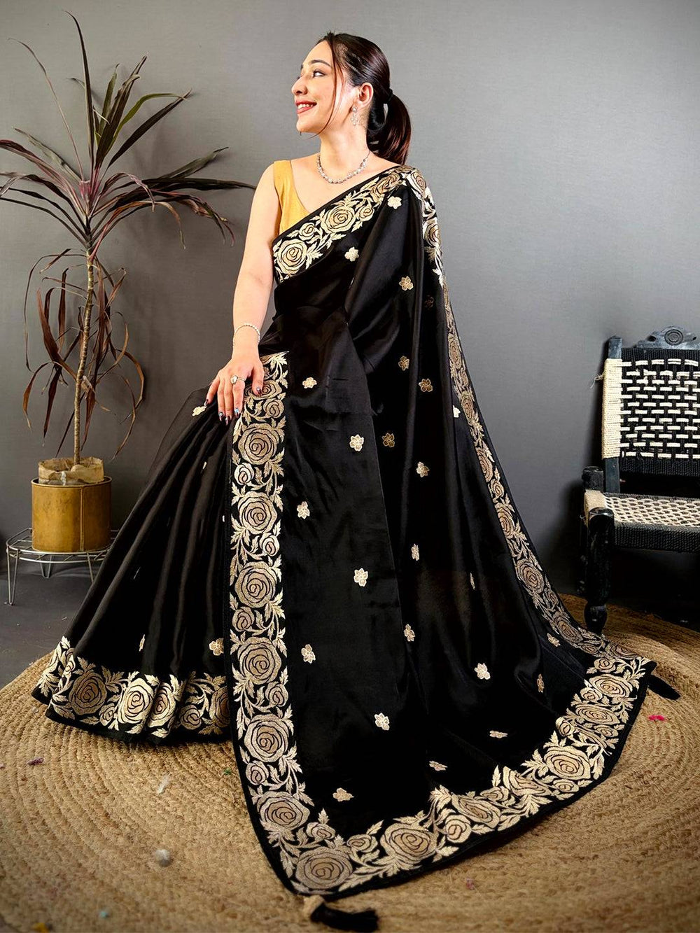 Black Aari Jhalar Tussar Satin Saree