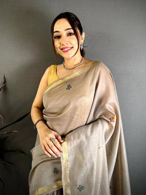 Cream Minakari Khadi Cotton Saree