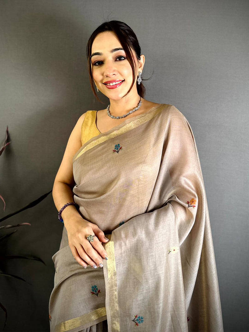 Cream Minakari Khadi Cotton Saree