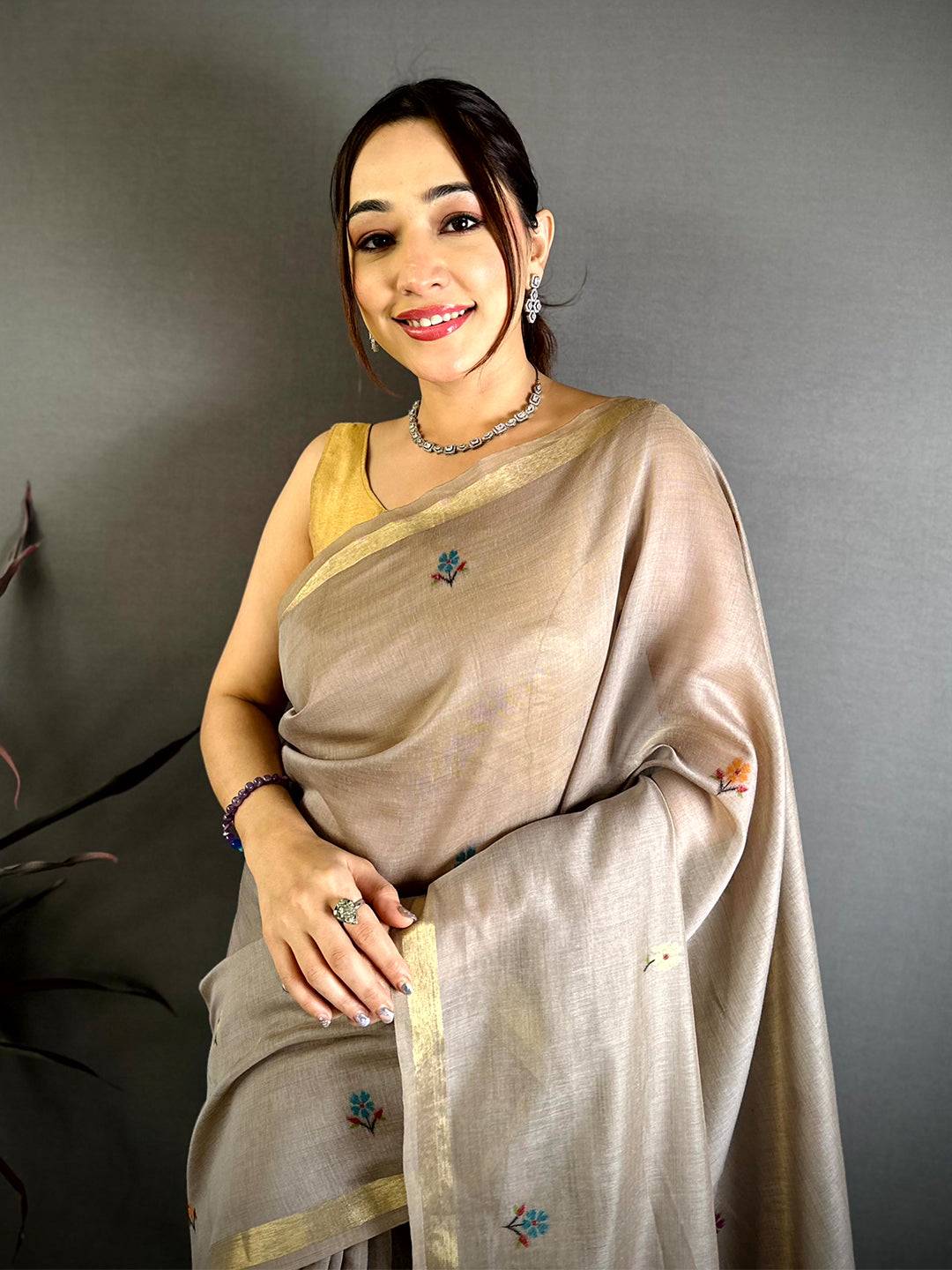 Cream Minakari Khadi Cotton Saree
