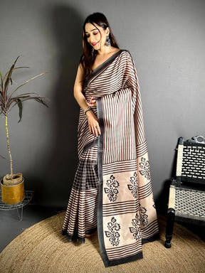 Opulent Ajrakh Block Print Tussar Saree

