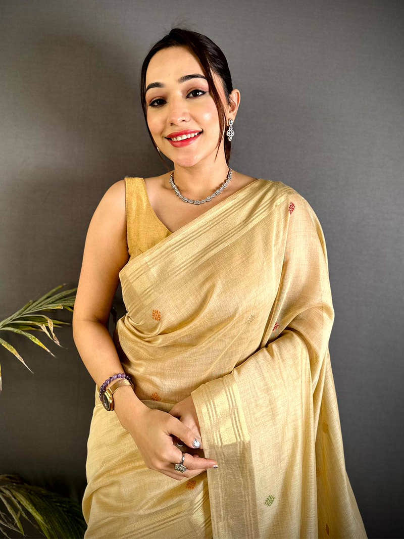 Off White Swan Minakari Linen Saree