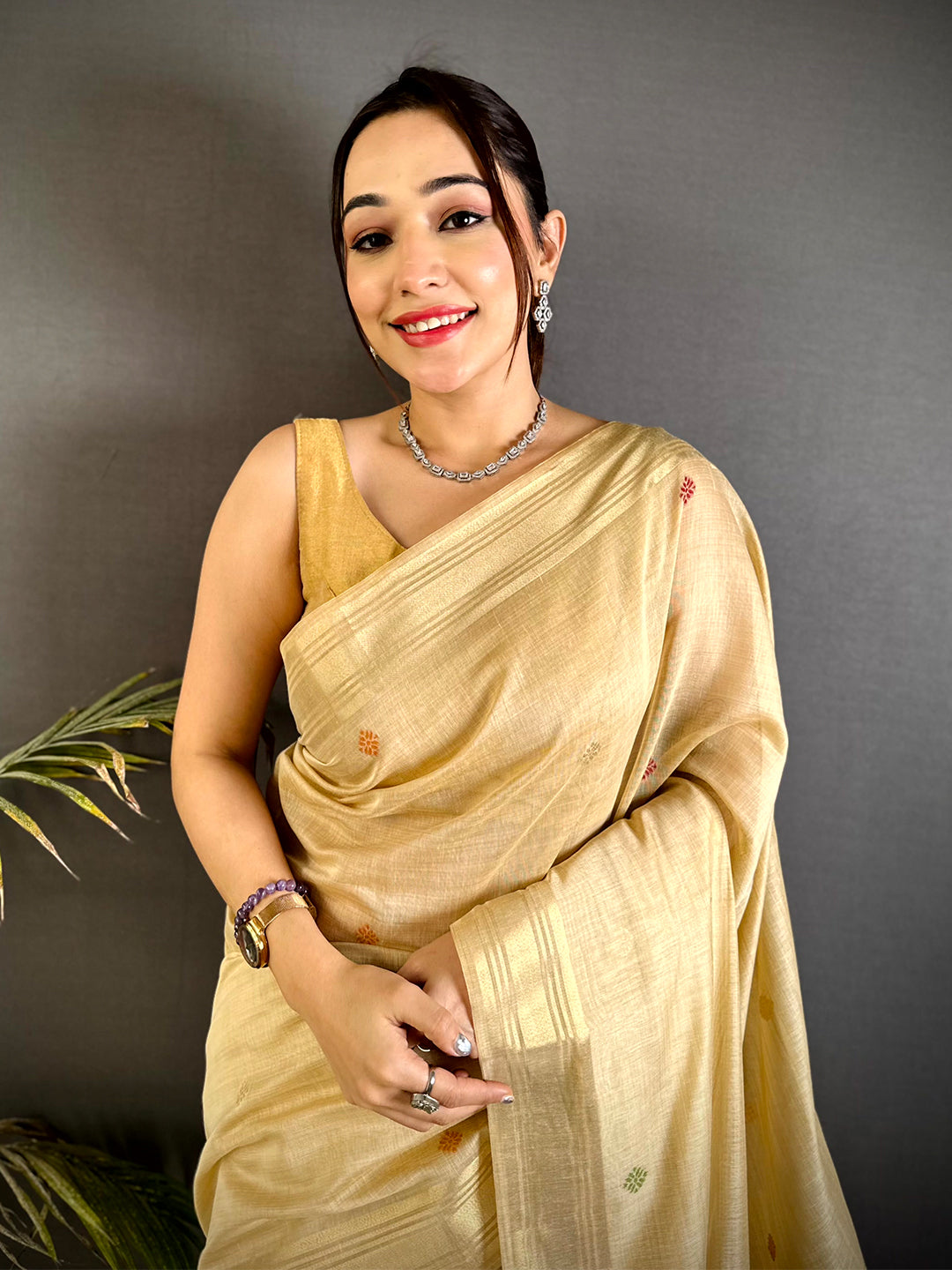 Off White Swan Minakari Linen Saree