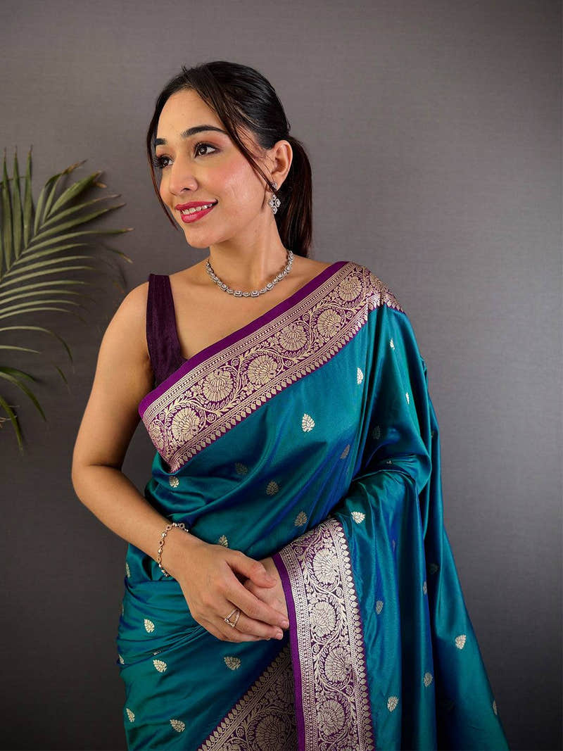 Teal Blue Soft Silk Feather Saree