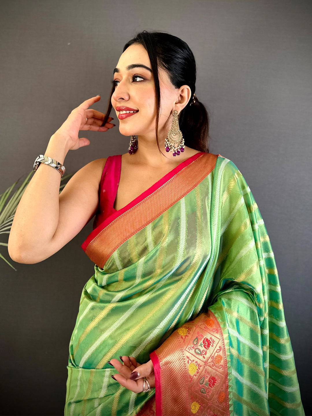 Green Banarasi Lehriya Katan Silk Saree

