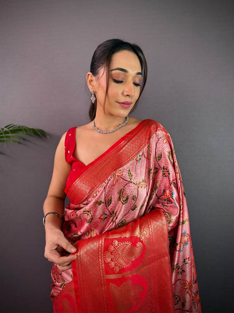 Royal Soft Cherry Satin Kalamkari Print Saree