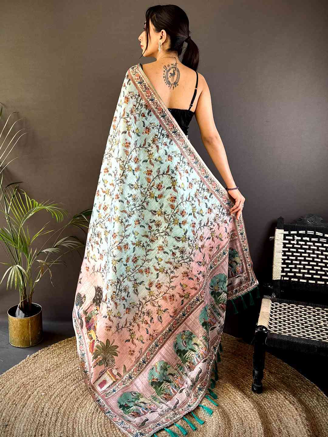 Light Blue Tussar Pashmina Kalamkari Saree