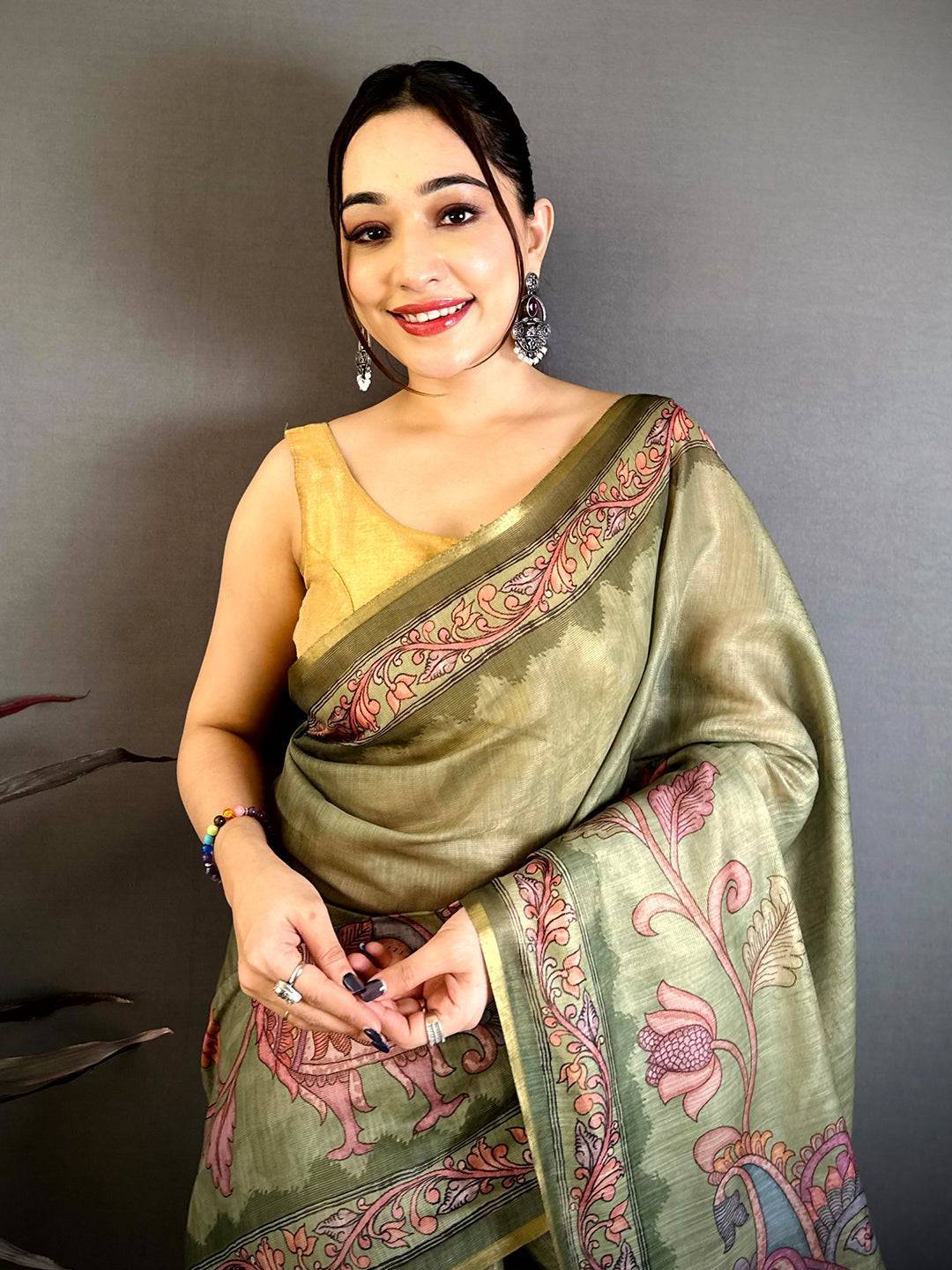 Olive Vintage Pen Kalamkari Chanderi Saree
