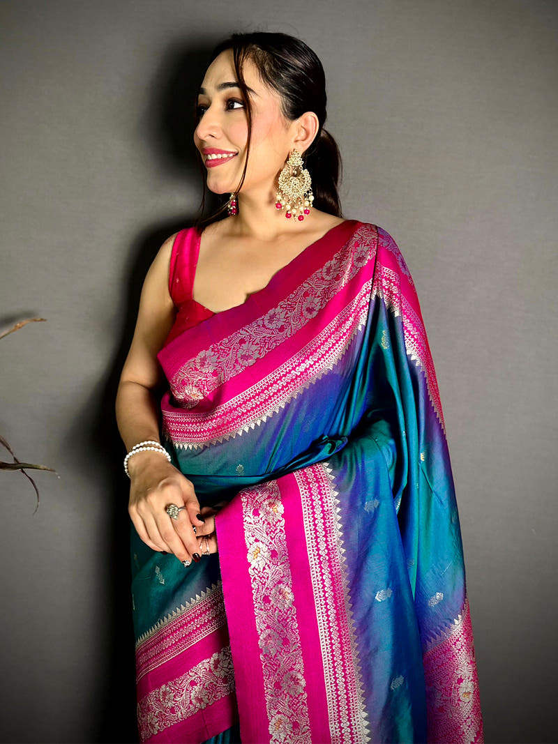 Gold Zari Woven Teal Soft Silk Saree