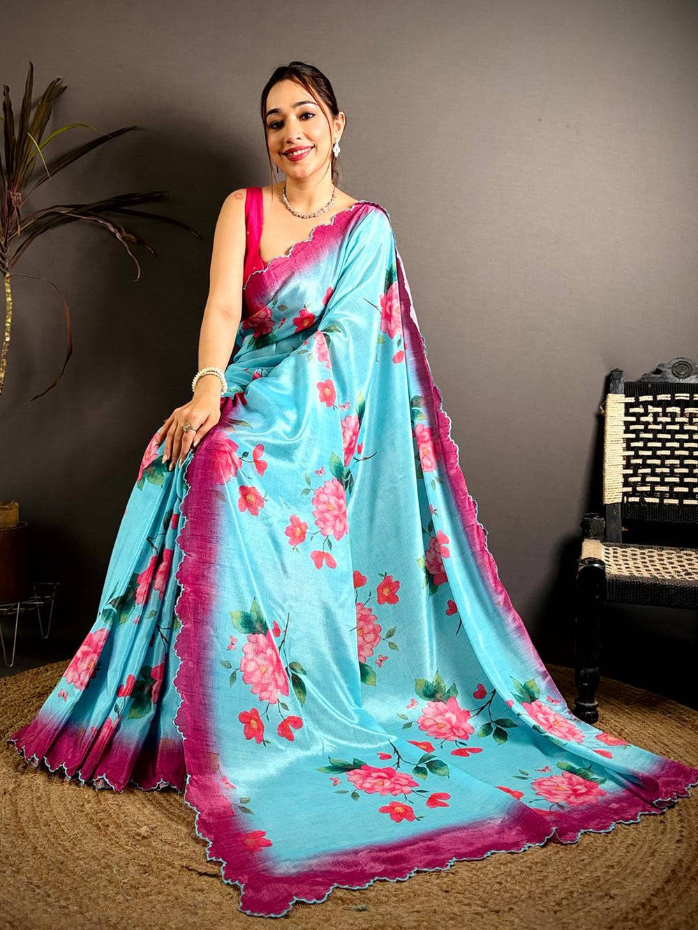 Aqua Chinnon Embroidered Border Saree