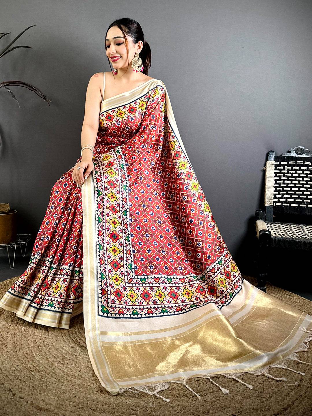 Red Ethnic Digital Ikkat Kanchi Saree