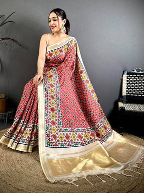 Red Ethnic Digital Ikkat Kanchi Saree