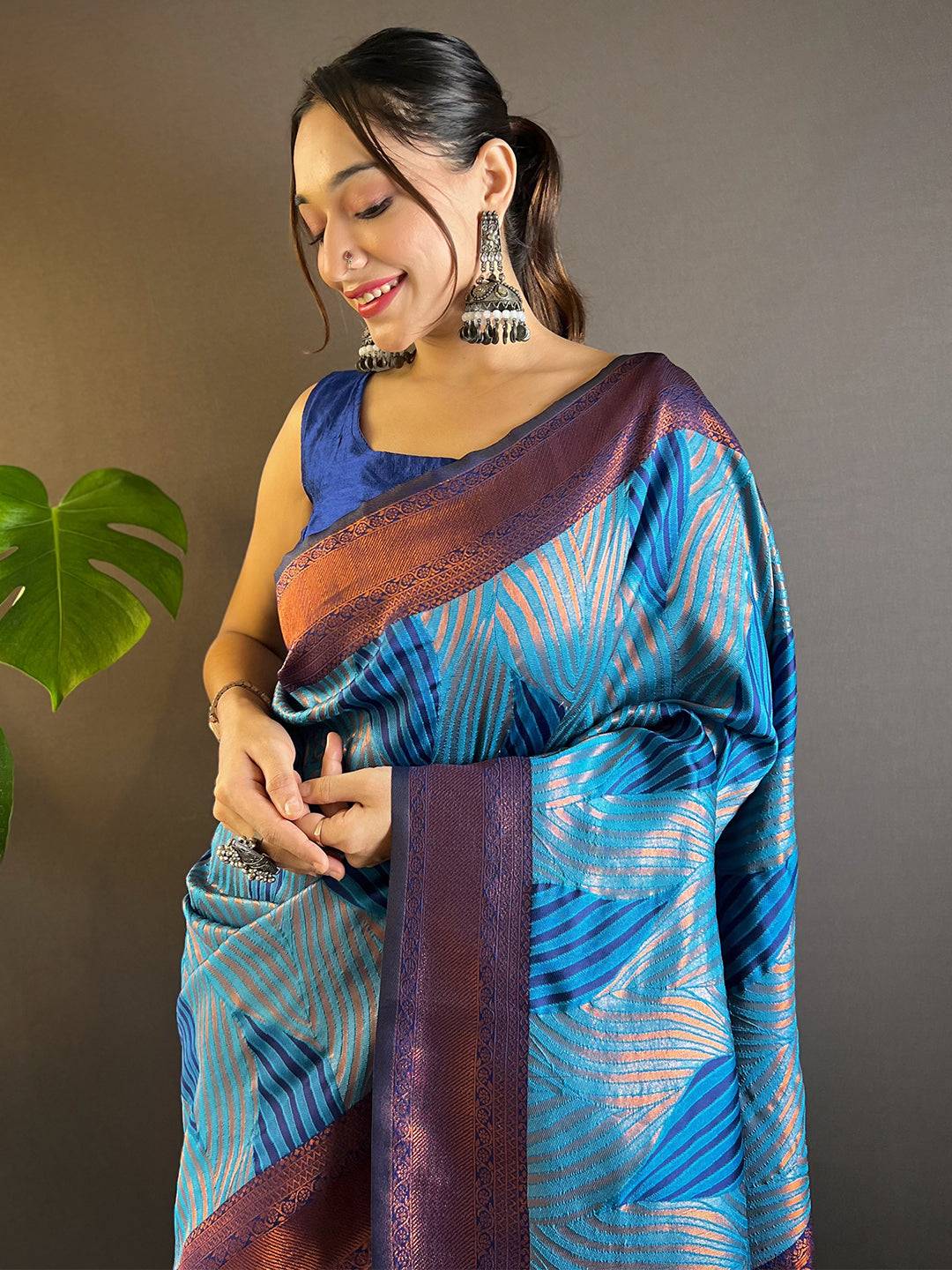 Royal Blue Tussar Silk Zari Weaving Ikkat Saree

