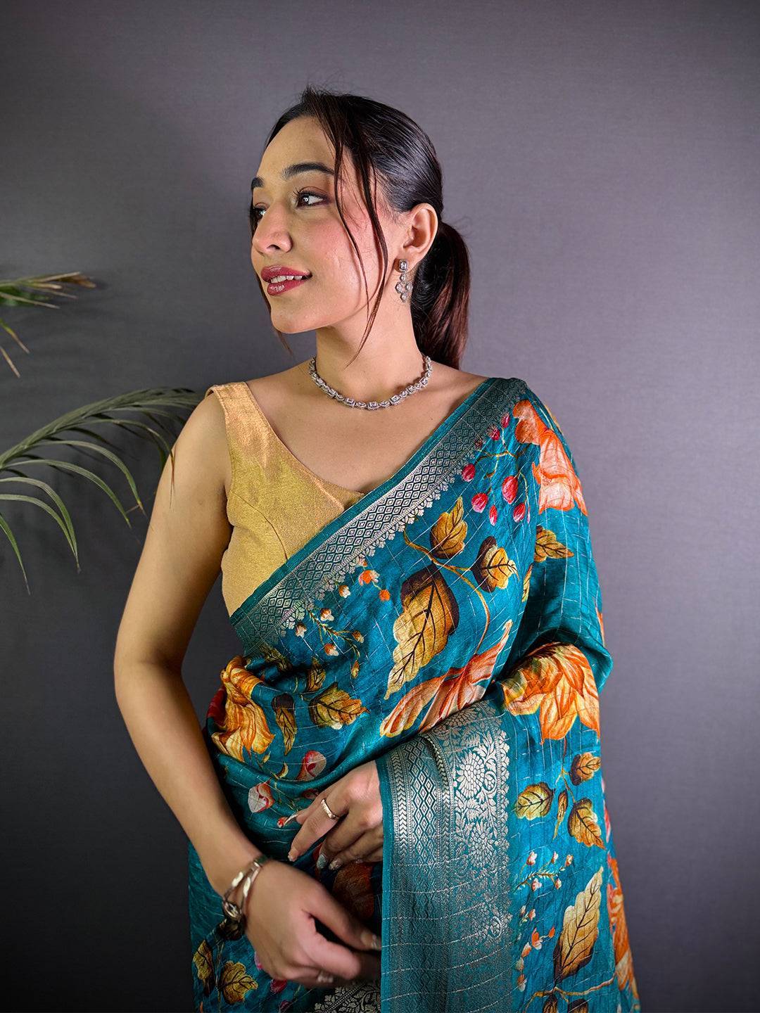 Teal Blue Pure Viscose Kalalmkari Print Saree

