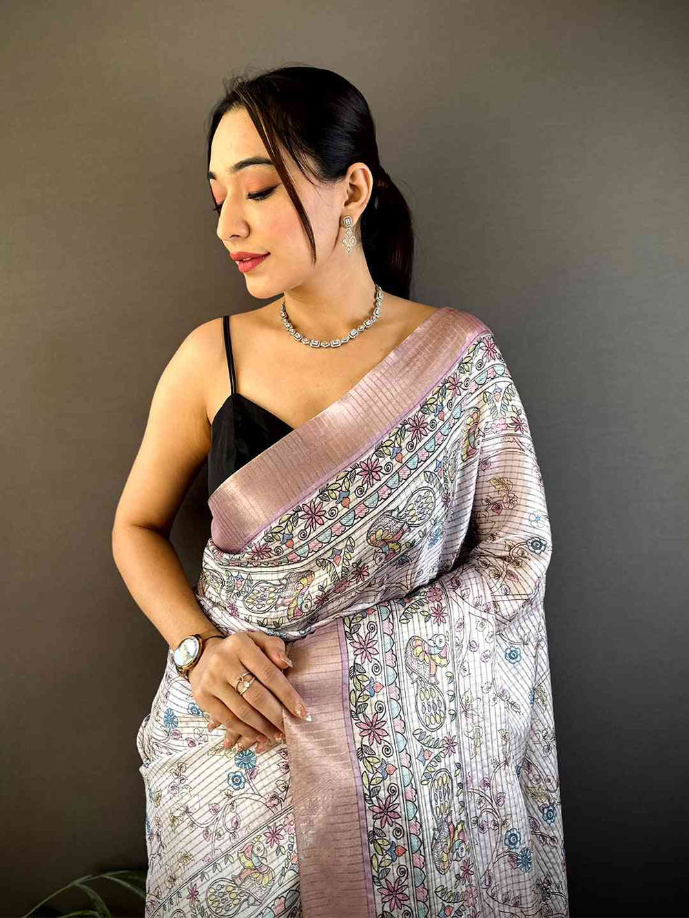 Light Pink Chanderi Madhubani Black Chex Saree
