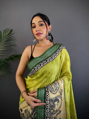Olive Linen Kalamkari Printed Saree