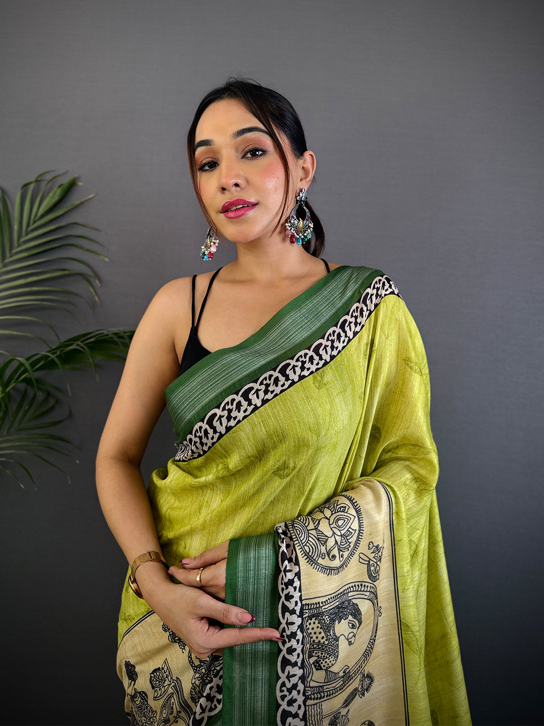 Olive Linen Kalamkari Printed Saree