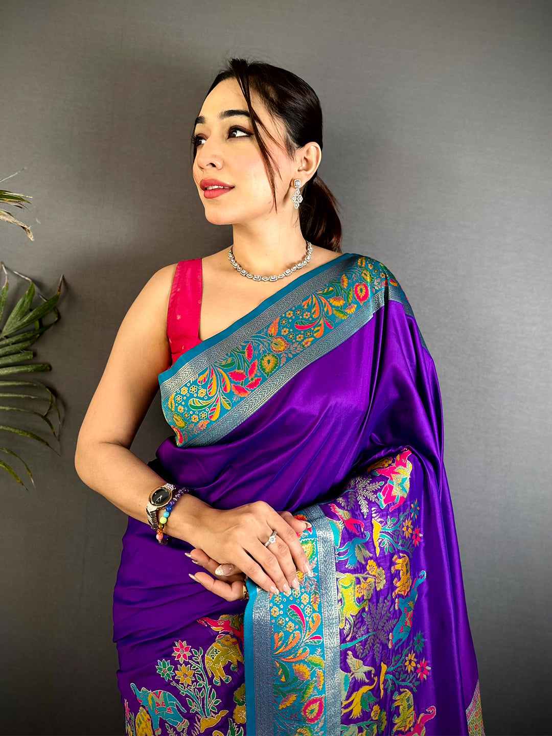 Purple Soft Semi Silk Minakari Weave Saree