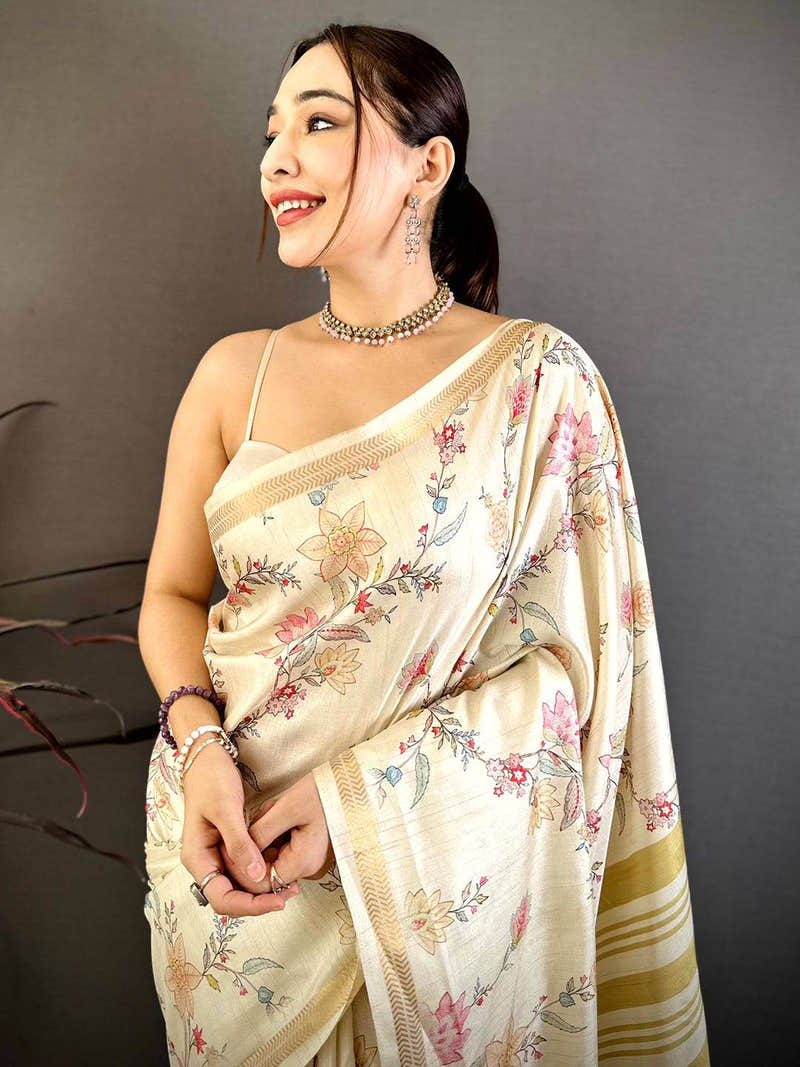 Classic Floral Motif Soft Tussar Saree