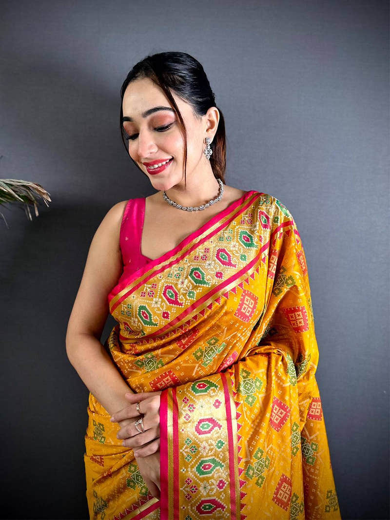 Yellow Soft Silk Saree With Patola Weaving