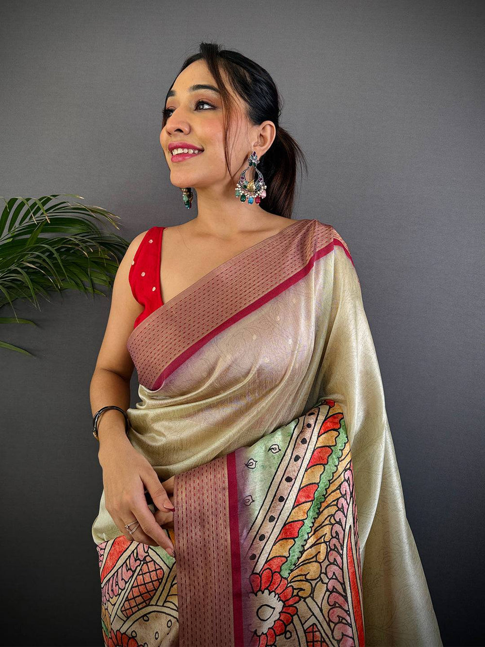 Pista Tussar Silk Kalamkari Print Saree