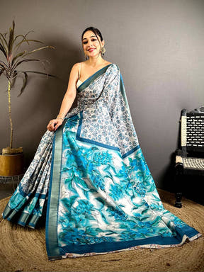 Elegant Sky Blue Ajrakh Print Tussar Saree