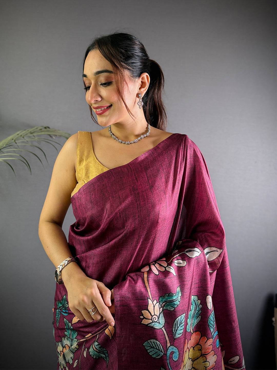 Wine Soft Semi Tussar Digital Print Saree

