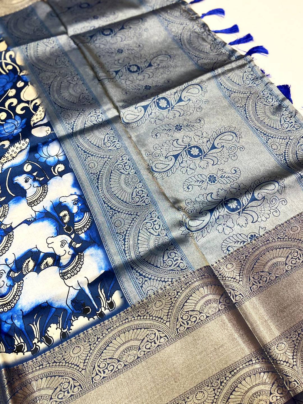 Royal Blue Digital Kalamkari Banarasi Saree