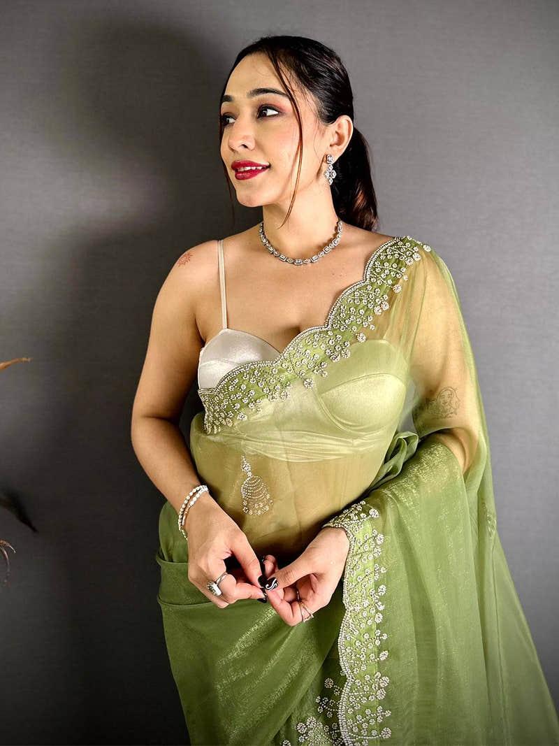 Green Pearl Zarkhond Chiffon Tissue Saree