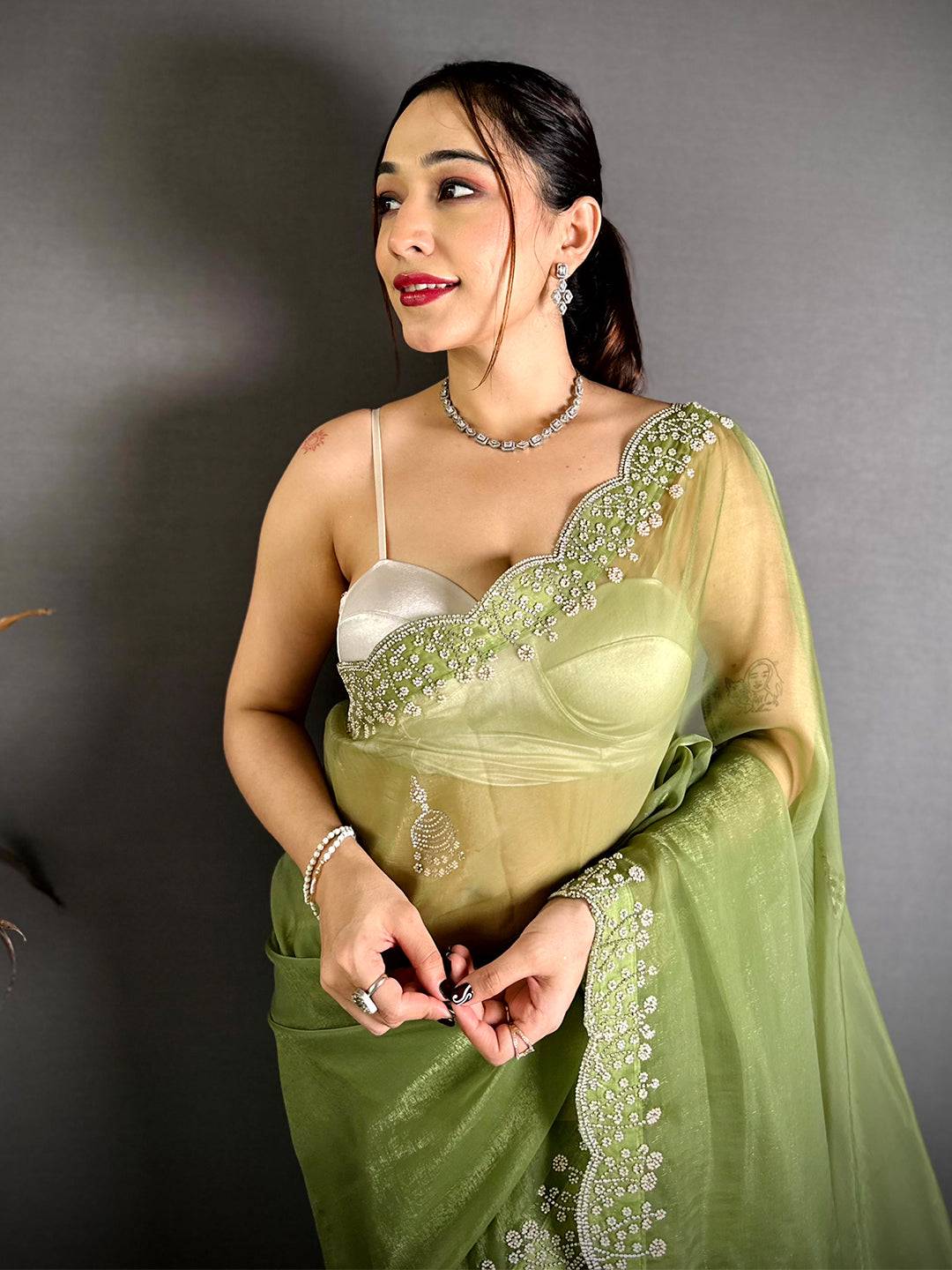 Green Pearl Zarkhond Chiffon Tissue Saree