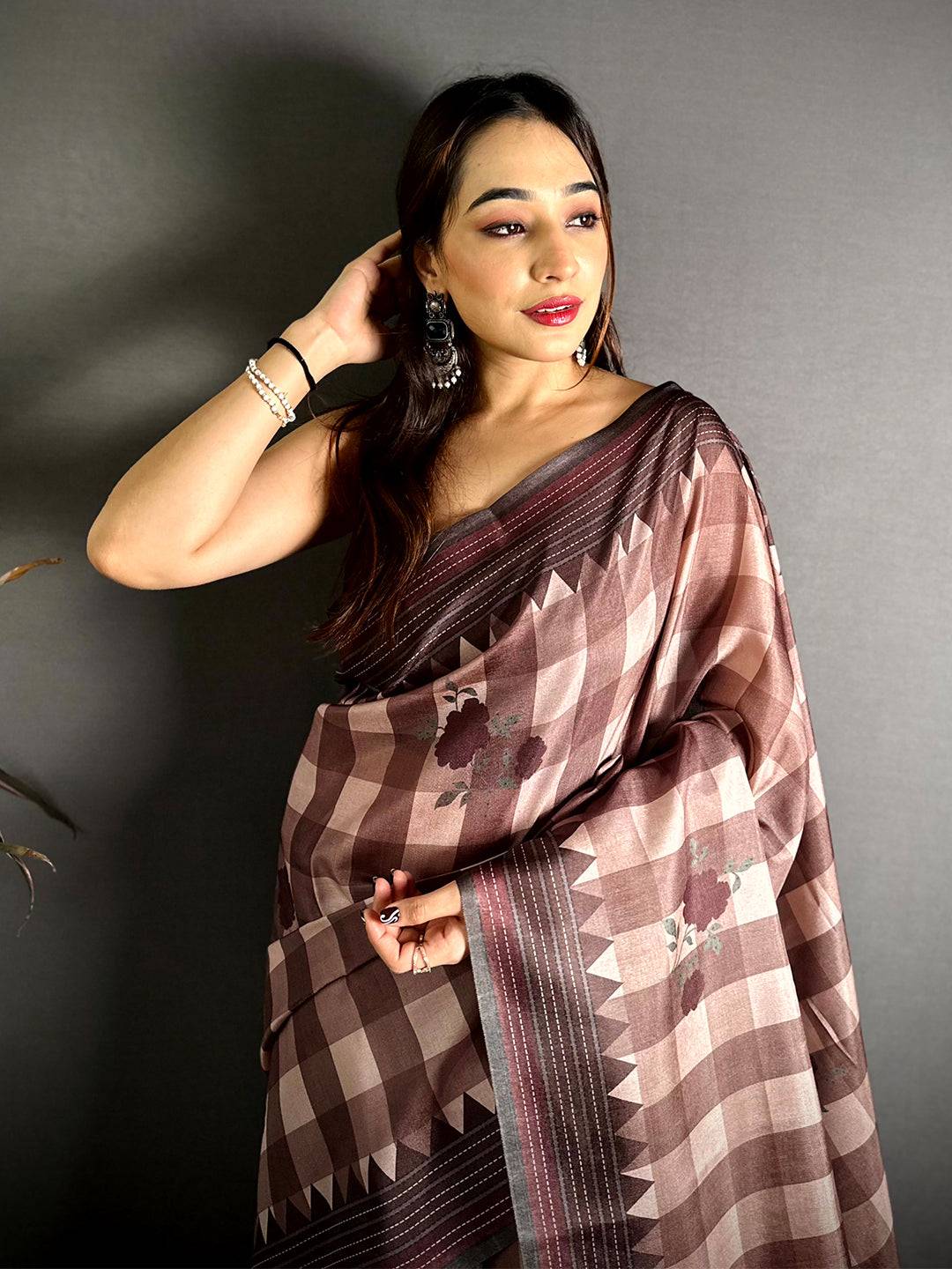 Cocoa Checks Kantha Border Tussar Saree
