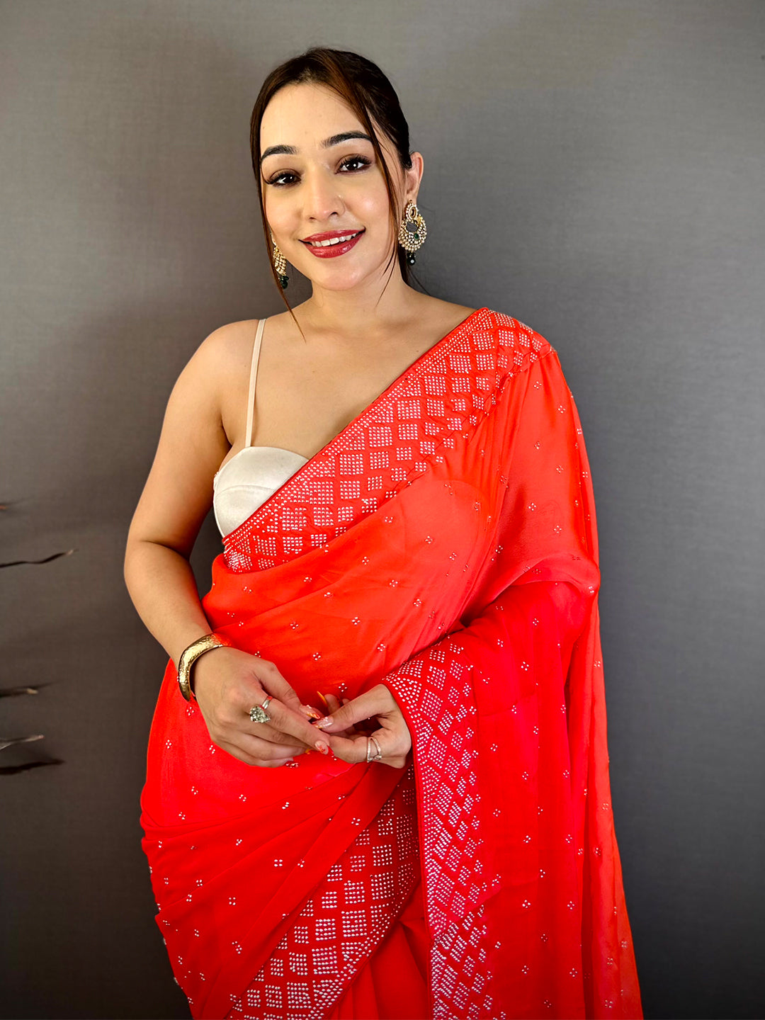 Stylish Satin Silk Swarovski Work Saree