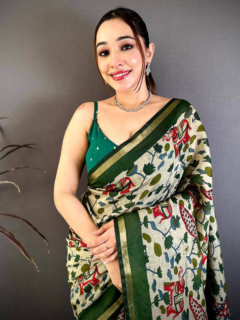 Radiant Mul Cotton Elephant Kalamkari Print Saree