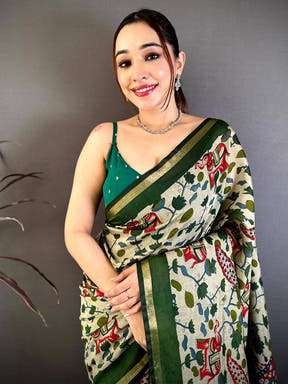 Radiant Mul Cotton Elephant Kalamkari Print Saree