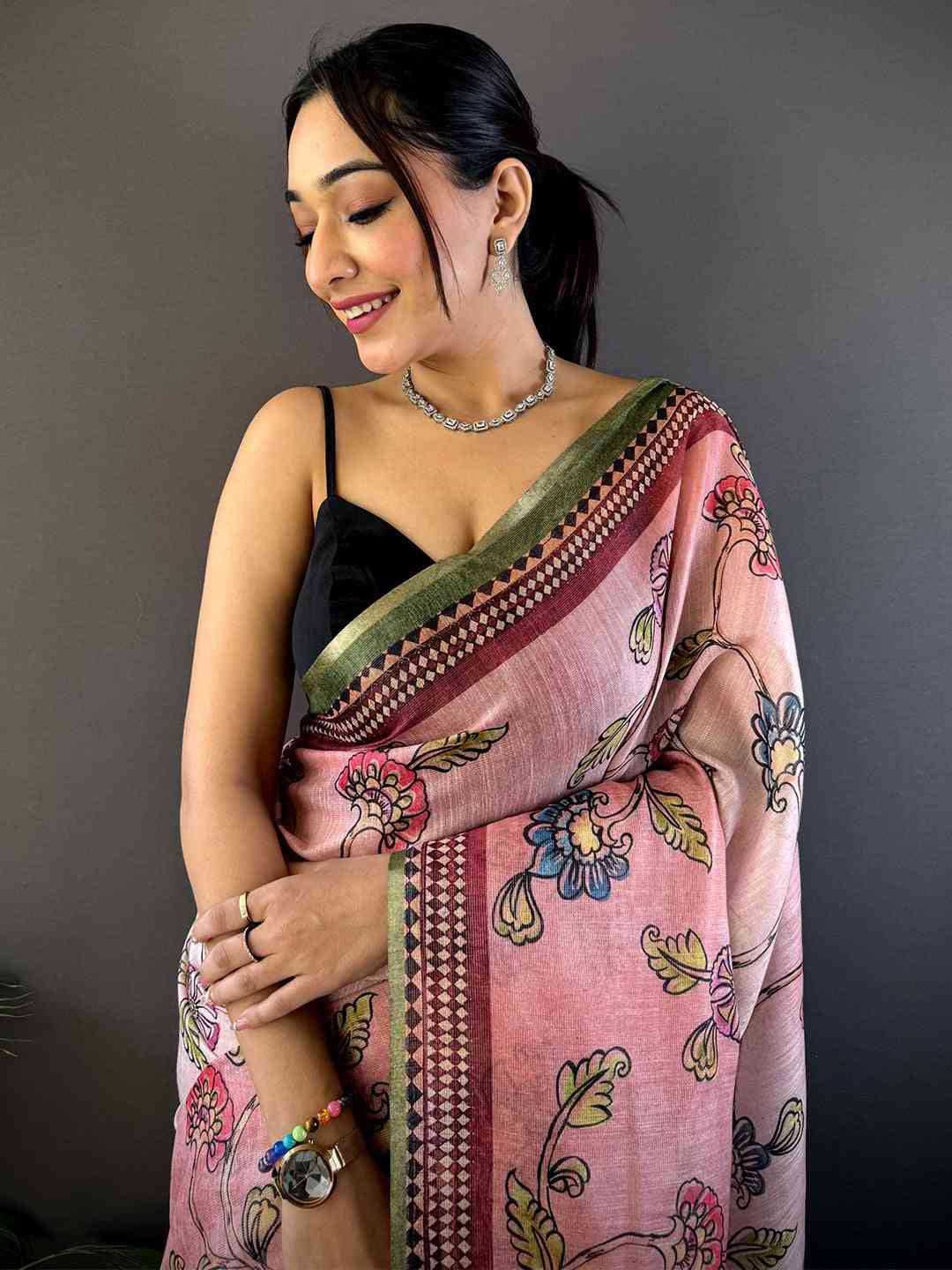 Rose Pink Zari Tussar Floral Saree

