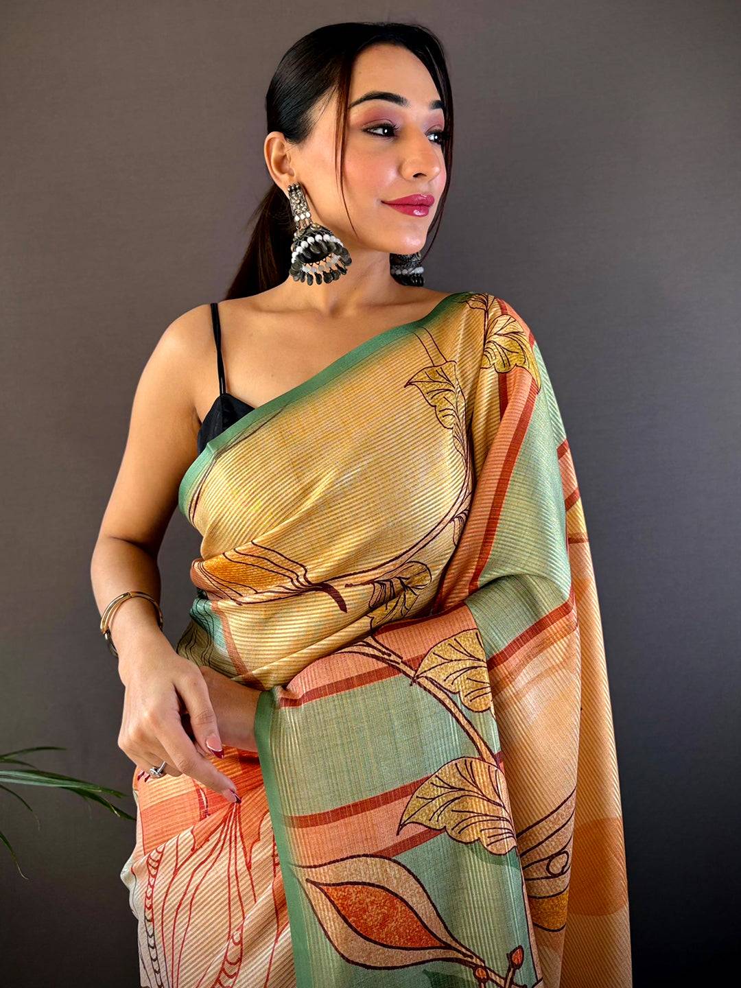 Jade Green Zari Tussar Printed Saree

