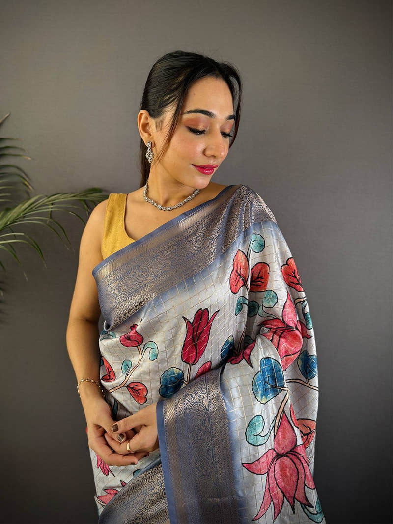 Blue Freehand Design Gadwal Saree
