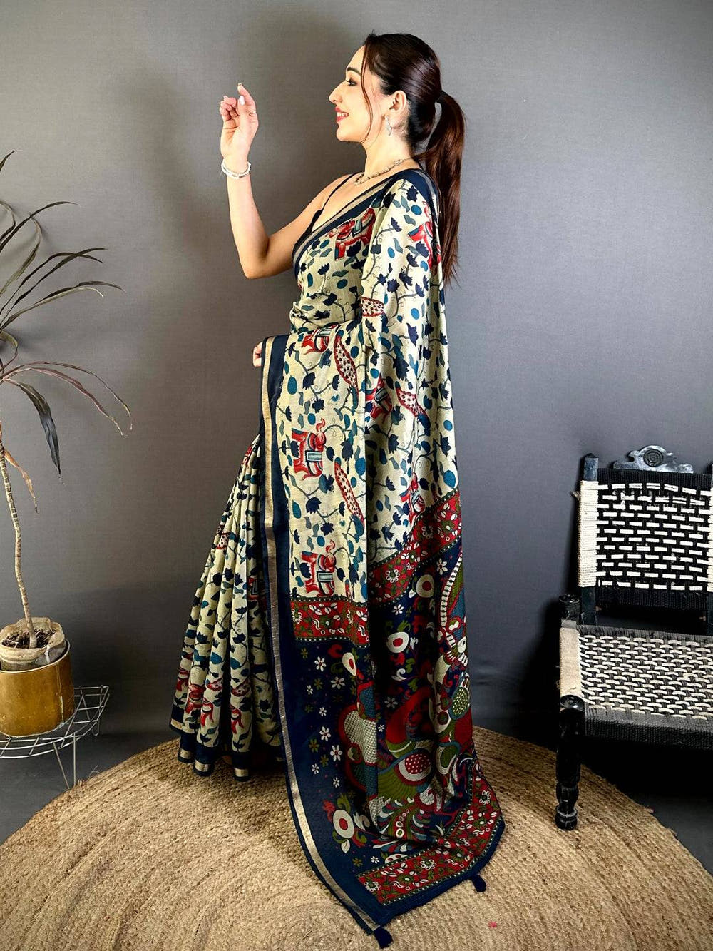 Regal Mul Cotton Elephant Kalamkari Print Saree