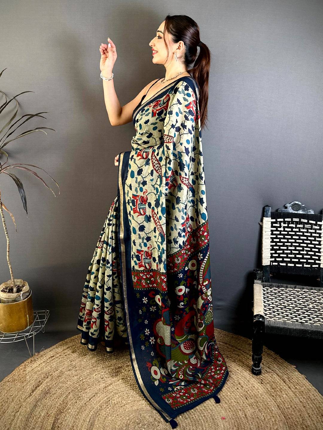 Regal Mul Cotton Elephant Kalamkari Print Saree