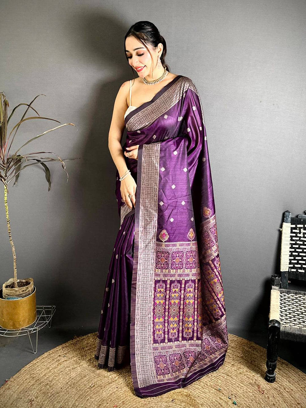 Wine Katan Silk Thread Work Saree