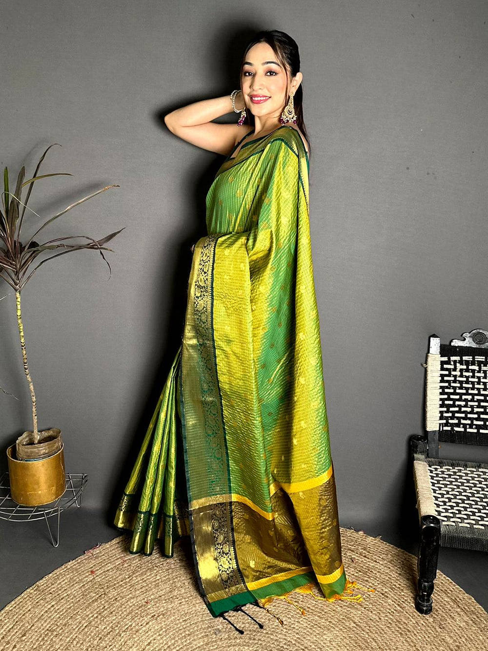 Stylish Gold Zari Chex Tussar Silk Saree Collection