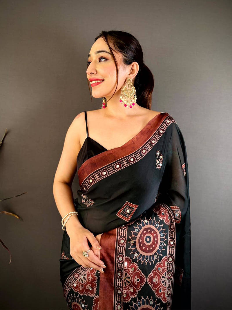 Vibrant Ajrakh Print Mirror Work Saree