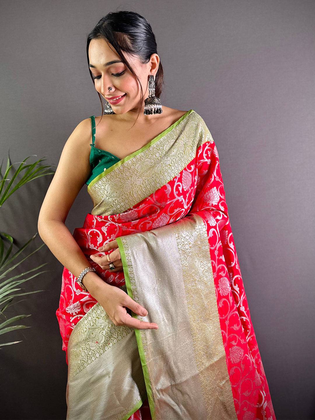 Red Chic Zari Blossom Banarasi Silk Saree draped elegantly