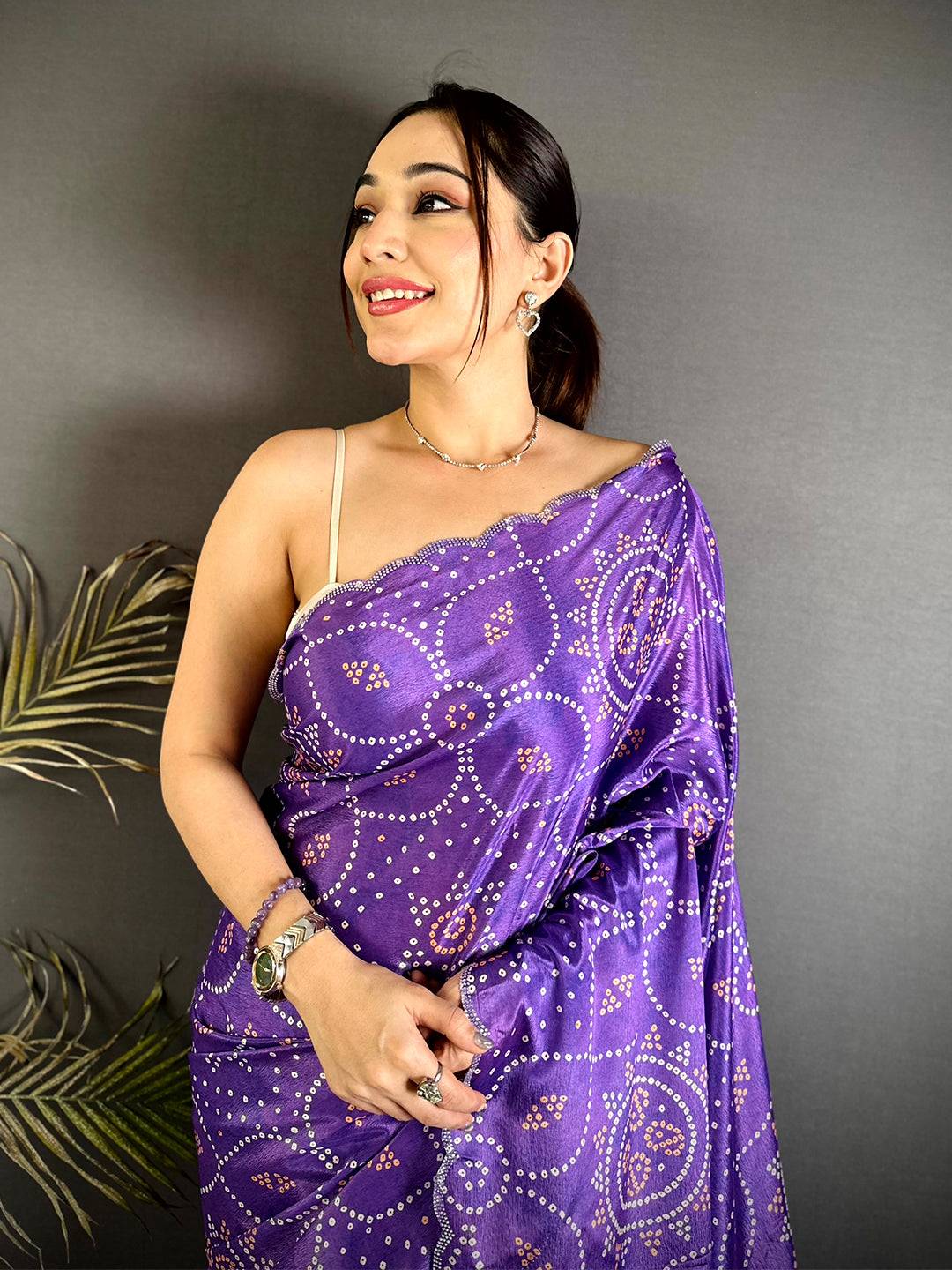 Purple Bandhej Chiffon Stone Work Saree
