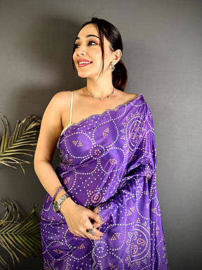 Purple Bandhej Chiffon Stone Work Saree